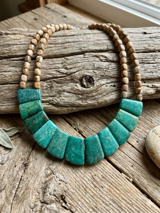 Artisan Jewelry - Chunky Turquoise Colored Chrysocolla & Picture Jasper Bib Necklace